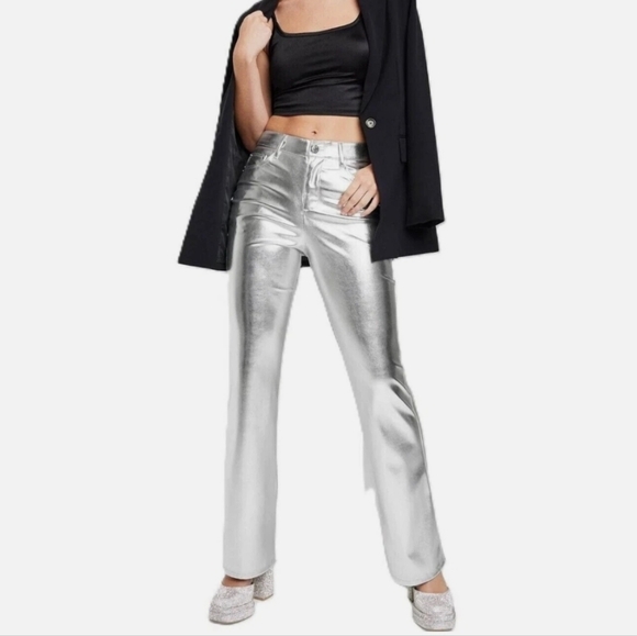 NWT Gap Silver Shiny Metallic Cheeky Straight High Rise Pants Size 4 - Picture 1 of 6
